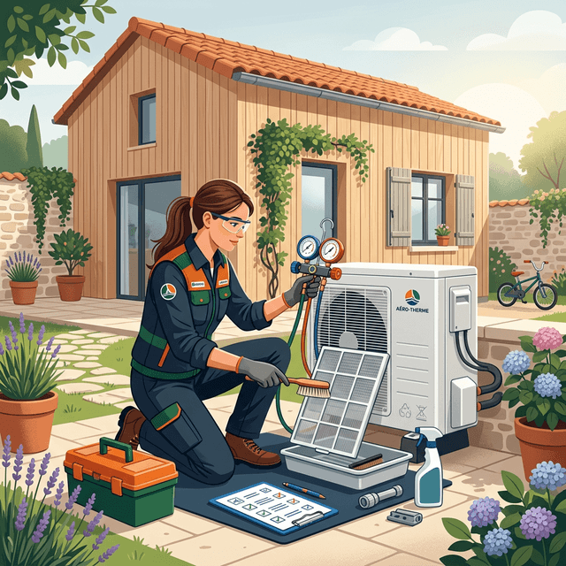 Technicienne effectuant l'entretien d'une pompe à chaleur avec vérification des pressions