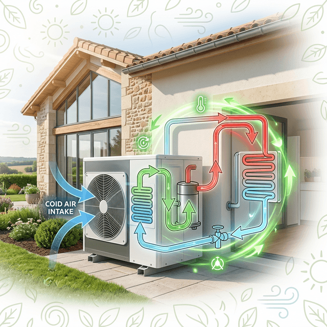 Schéma du cycle thermodynamique d'une pompe à chaleur installée sur une maison française