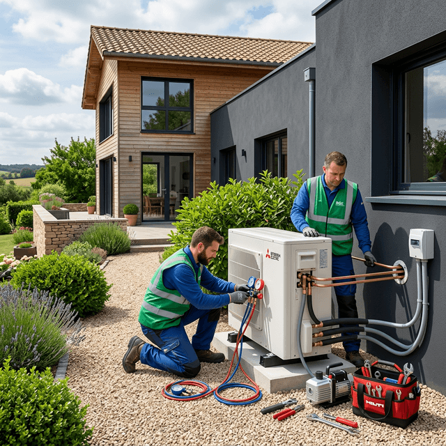Techniciens RGE installant une pompe à chaleur sur une maison moderne