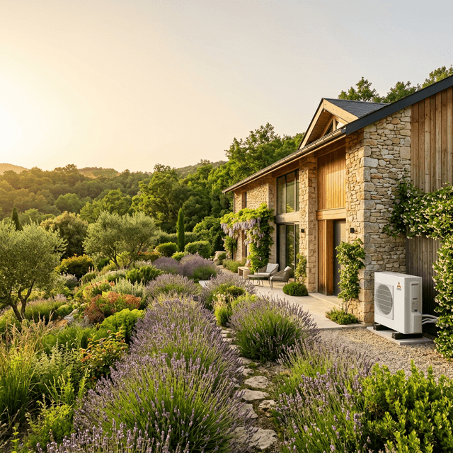 Maison française avec pompe à chaleur installée dans un jardin verdoyant